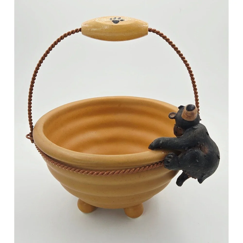 Bear Street‎ Ceramic Black Bear Cub Climbing Honey Pot Bowl with Wire Handle